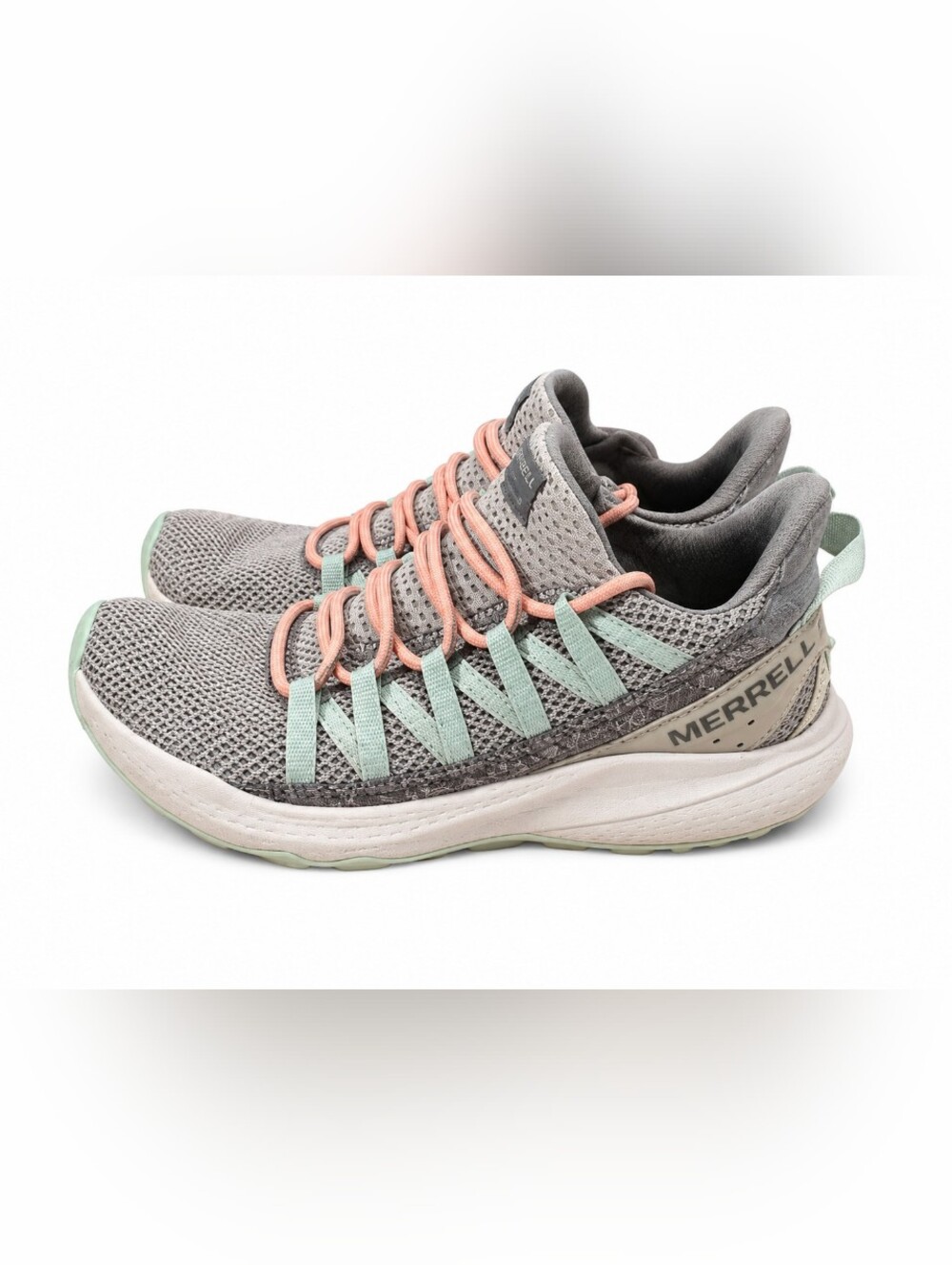 Merrell Antora 2 Knit Women’s Size 8 Gray Pink Mint Trail Running Shoes Sneakers